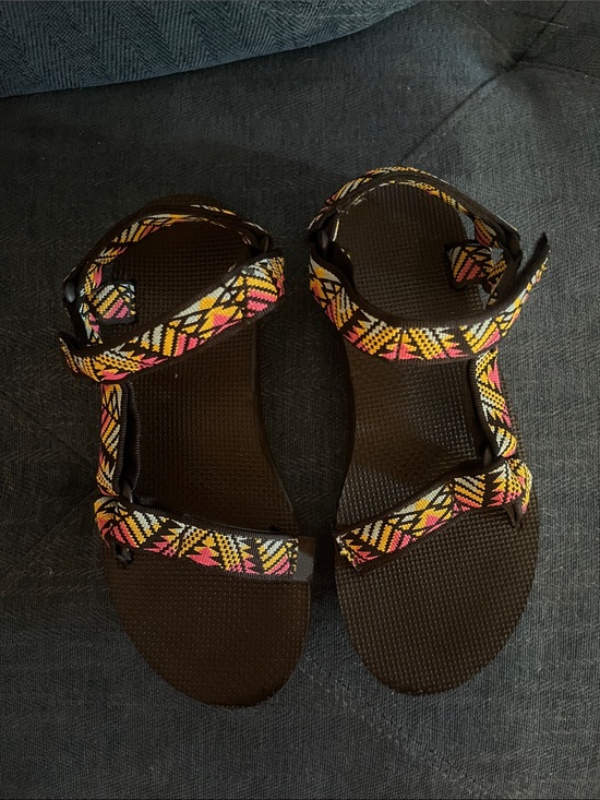 Teva Shoes - Teva Women's Black Sandals with Pink & Yellow Patterned Straps